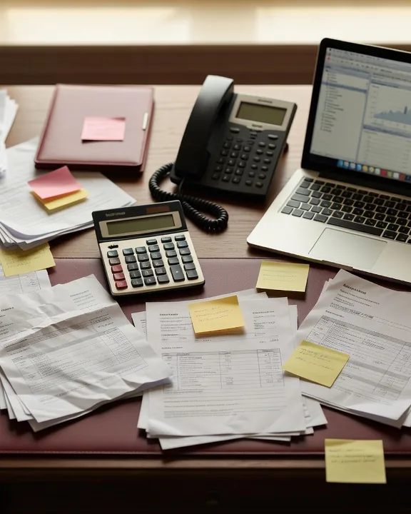 Birou de contabilitate acoperit de documente și unelte care nu comunică între ele